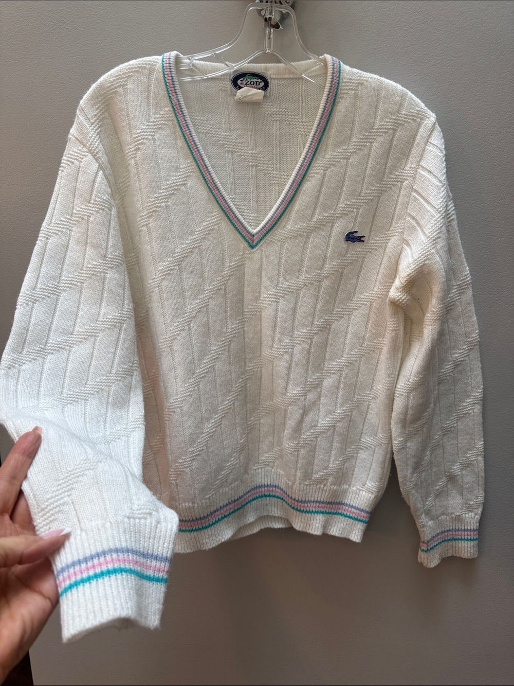 Vintage Lacoste White V-Neck Cable Knit Sweater with Pink & Blue Trim